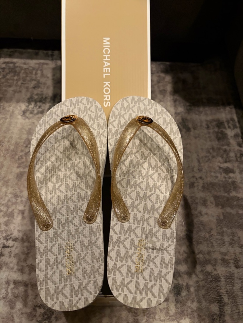 Michael Kors Gold Glitter Logo Flip Flops
